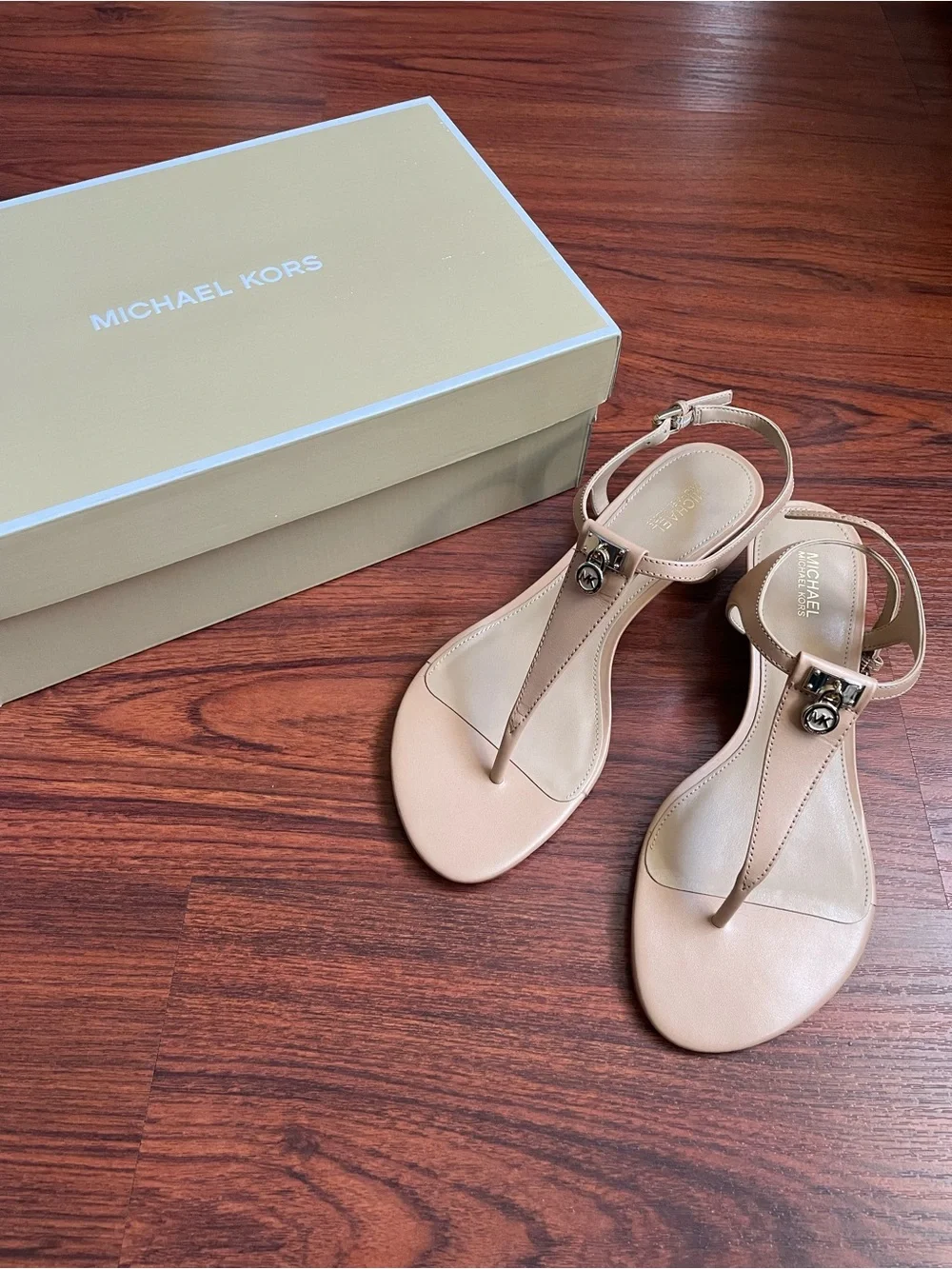 Michael Kors Blush Nude T-Strap Leather Sandals
